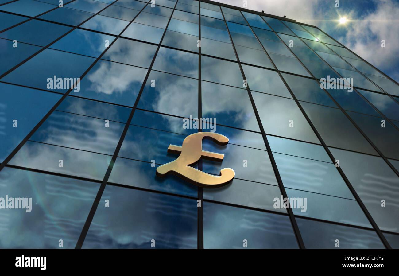 Pound Sterling UK GPB Building Concept. Simbolo del Money banking britannico e dell'economia GB sulla facciata anteriore illustrazione 3D. Foto Stock