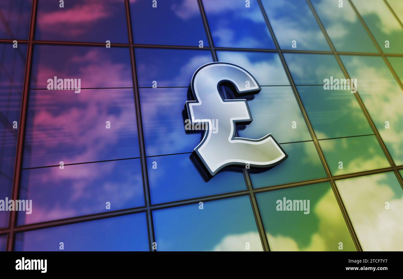 Pound Sterling UK GPB Building Concept. Simbolo del Money banking britannico e dell'economia GB sulla facciata anteriore illustrazione 3D. Foto Stock