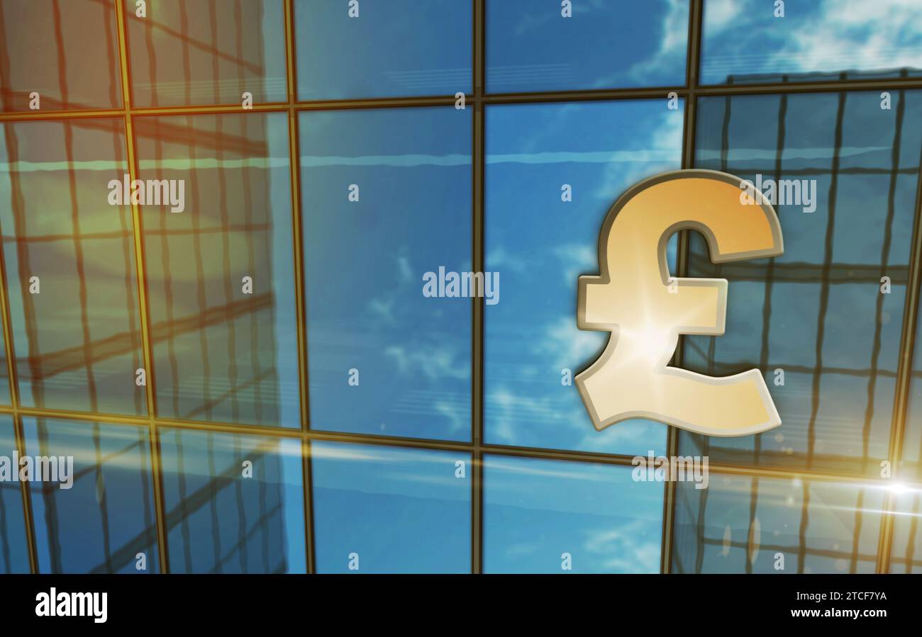 Pound Sterling UK GPB Building Concept. Simbolo del Money banking britannico e dell'economia GB sulla facciata anteriore illustrazione 3D. Foto Stock