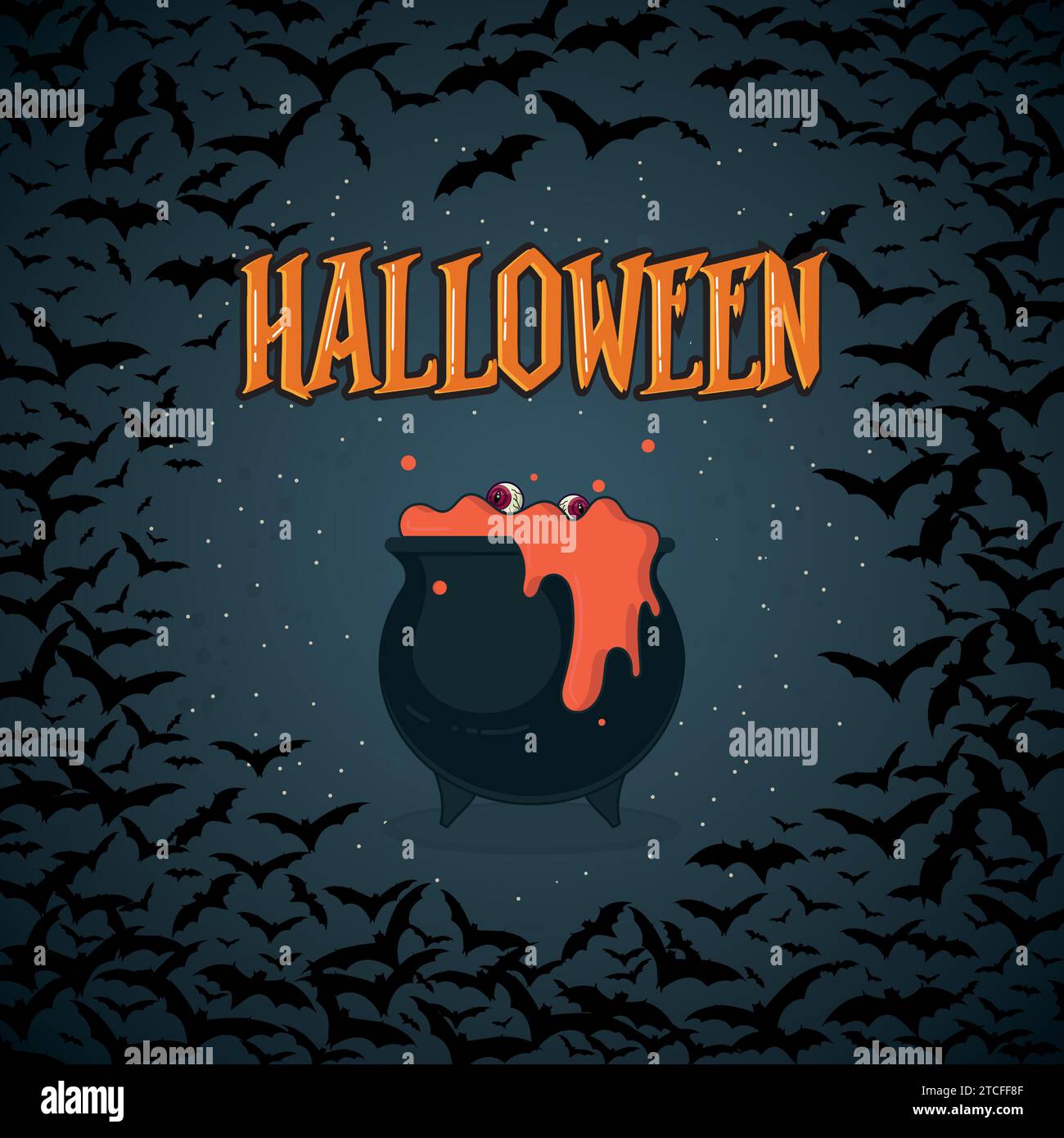 Poster colorato di halloween con calderone isolato alle streghe e pipistrelli Vector Illustrazione Vettoriale