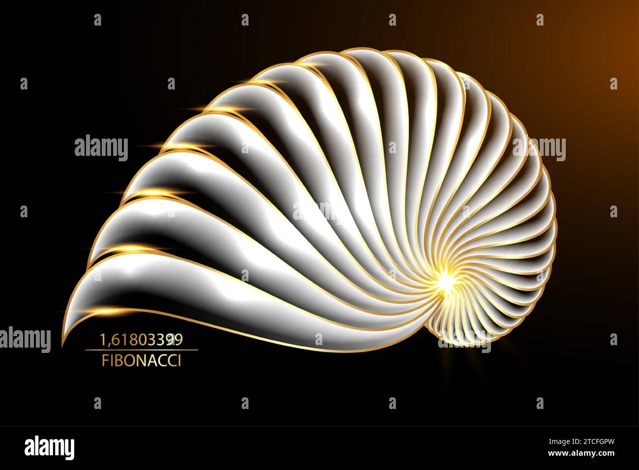 3D Fibonacci Sequence Golden ratio. Forme geometriche a spirale. Spirale di lumaca. Conchiglia marina di cerchi bianchi. Modello con logo sacro in oro geometrico. Vettore Illustrazione Vettoriale