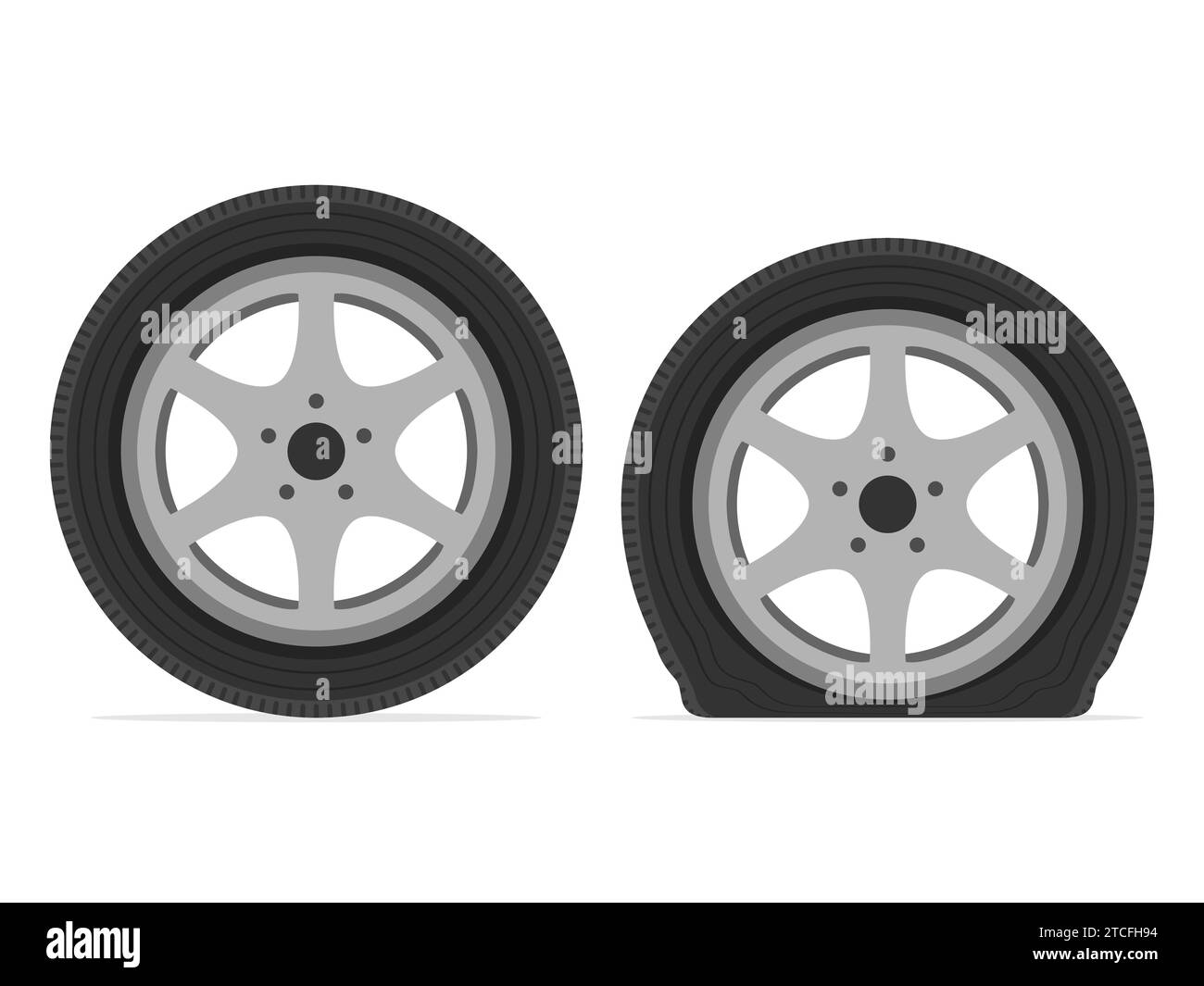 Pneumatico normale e sgonfio. Pneumatico dell'automobile sgonfio. Ruota forata della vettura. Garage per stazione di servizio pneumatici. Illustrazione vettoriale. Illustrazione Vettoriale