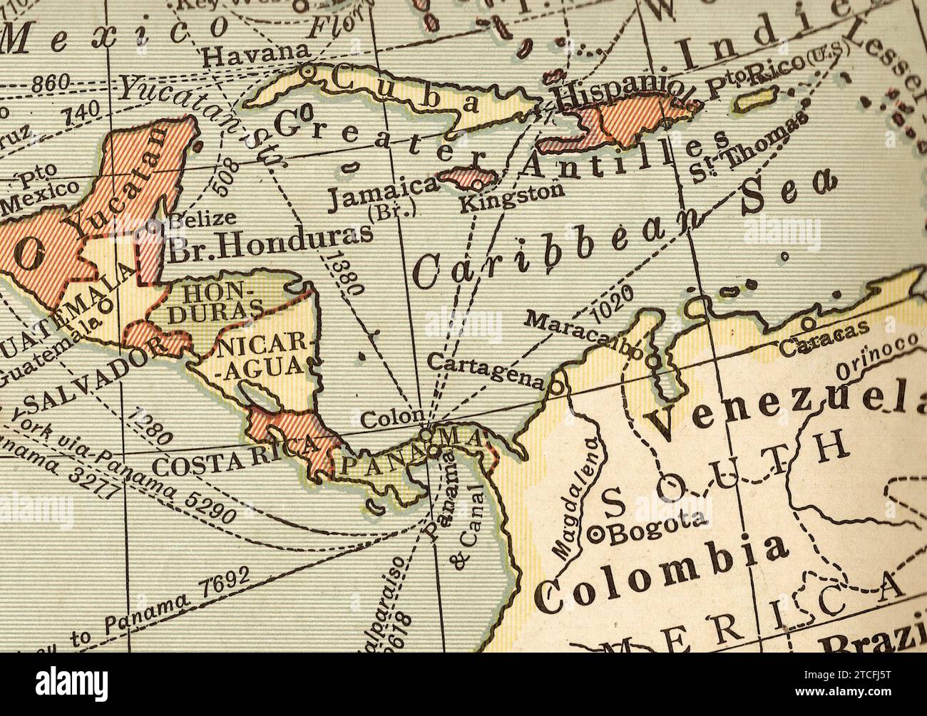 Una mappa politica d'epoca/antica in seppia che mostra l'America centrale e il Mar dei Caraibi. Foto Stock