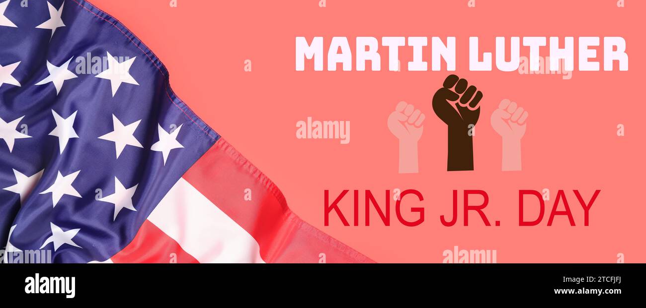 Banner per Martin Luther King Jr. Giorno con bandiera USA su sfondo rosso Foto Stock