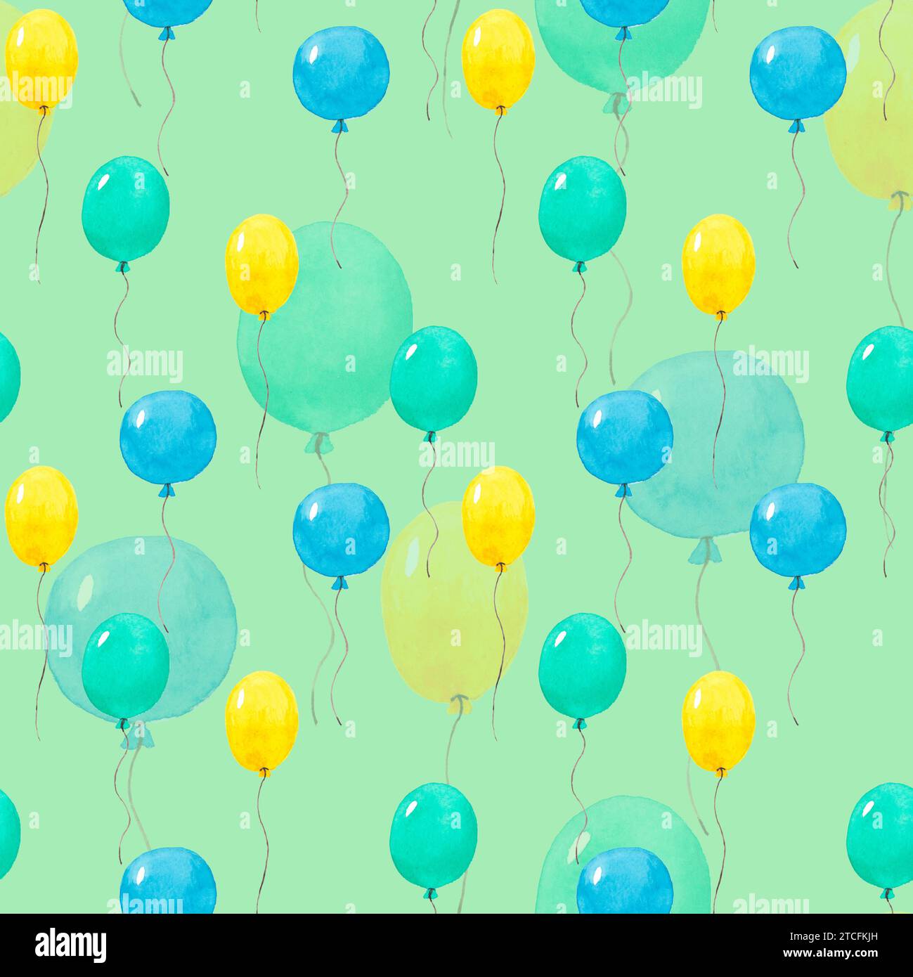 Palloncini gialli, blu e verdi con motivo ad acquerello senza cuciture isolati su sfondo verde. Illustrazione ad acquerello dipinta a mano. Stampa artistica per il matrimonio Foto Stock