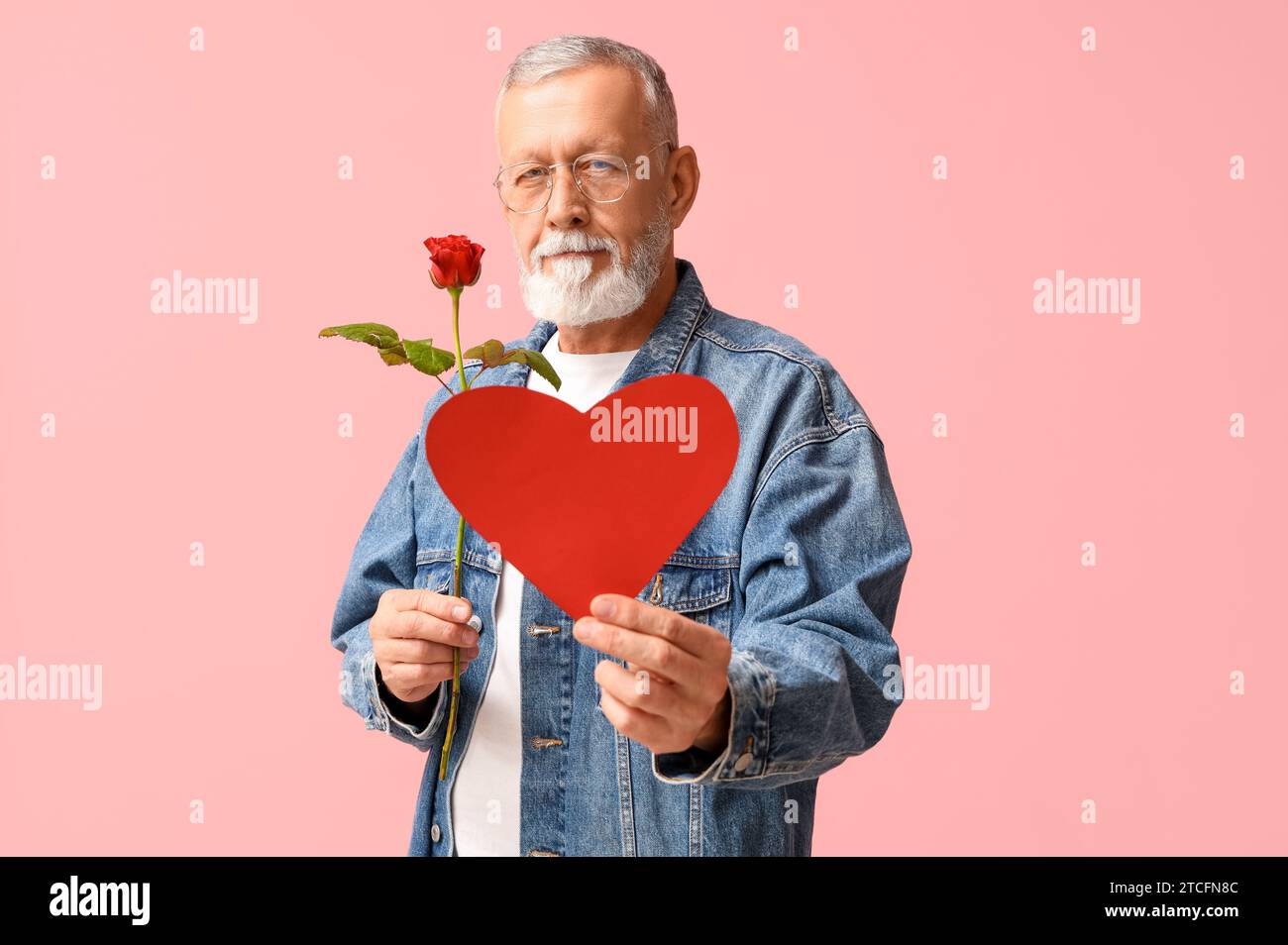 Uomo maturo con fiori di rosa e cuore di carta su sfondo rosa. Festa di San Valentino Foto Stock