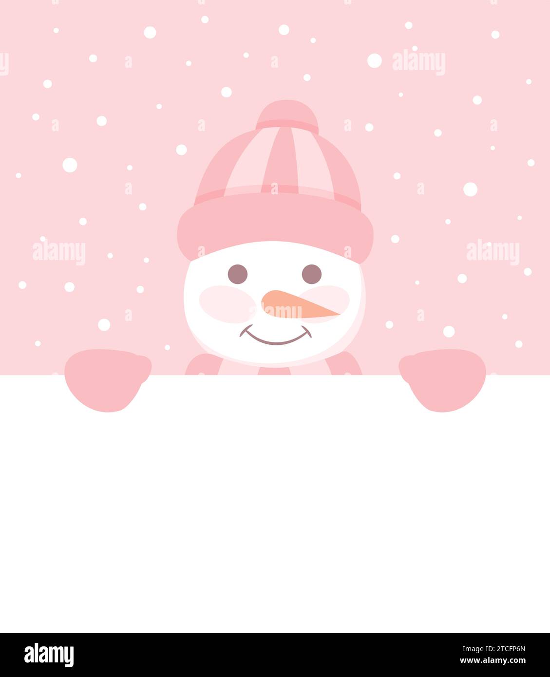 Simpatico pupazzo di neve sorridente con cappello, sciarpa e guanti che guarda fuori da dietro il poster bianco con spazio per le copie. Illustrazione vettoriale piatta di colore rosa pastello Illustrazione Vettoriale