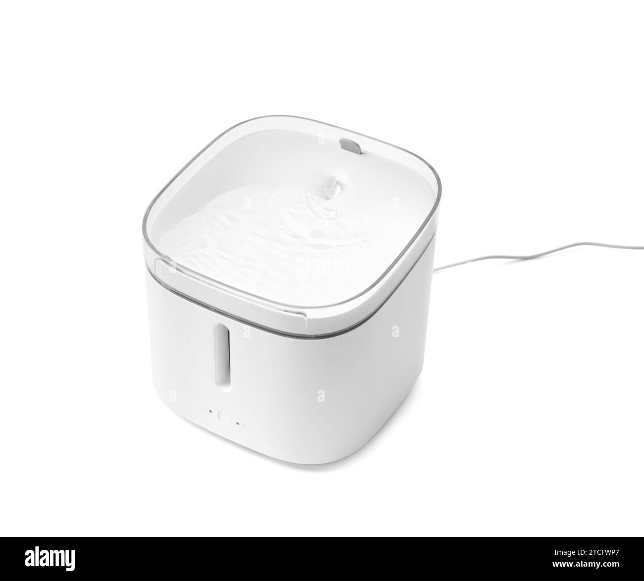 Dispenser di acqua elettrica bianca per animali domestici, bevitore intelligente per gatti, fontana con filtro sostituibile, quantità d'acqua e indicatori di sostituzione del filtro Foto Stock