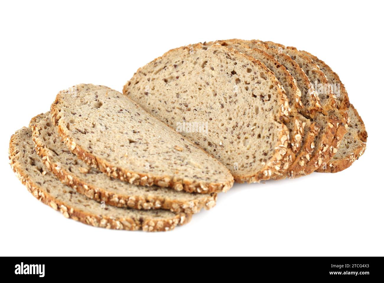 Due pane biologico con semi di lino e girasole isolati su sfondo bianco. Foto Stock
