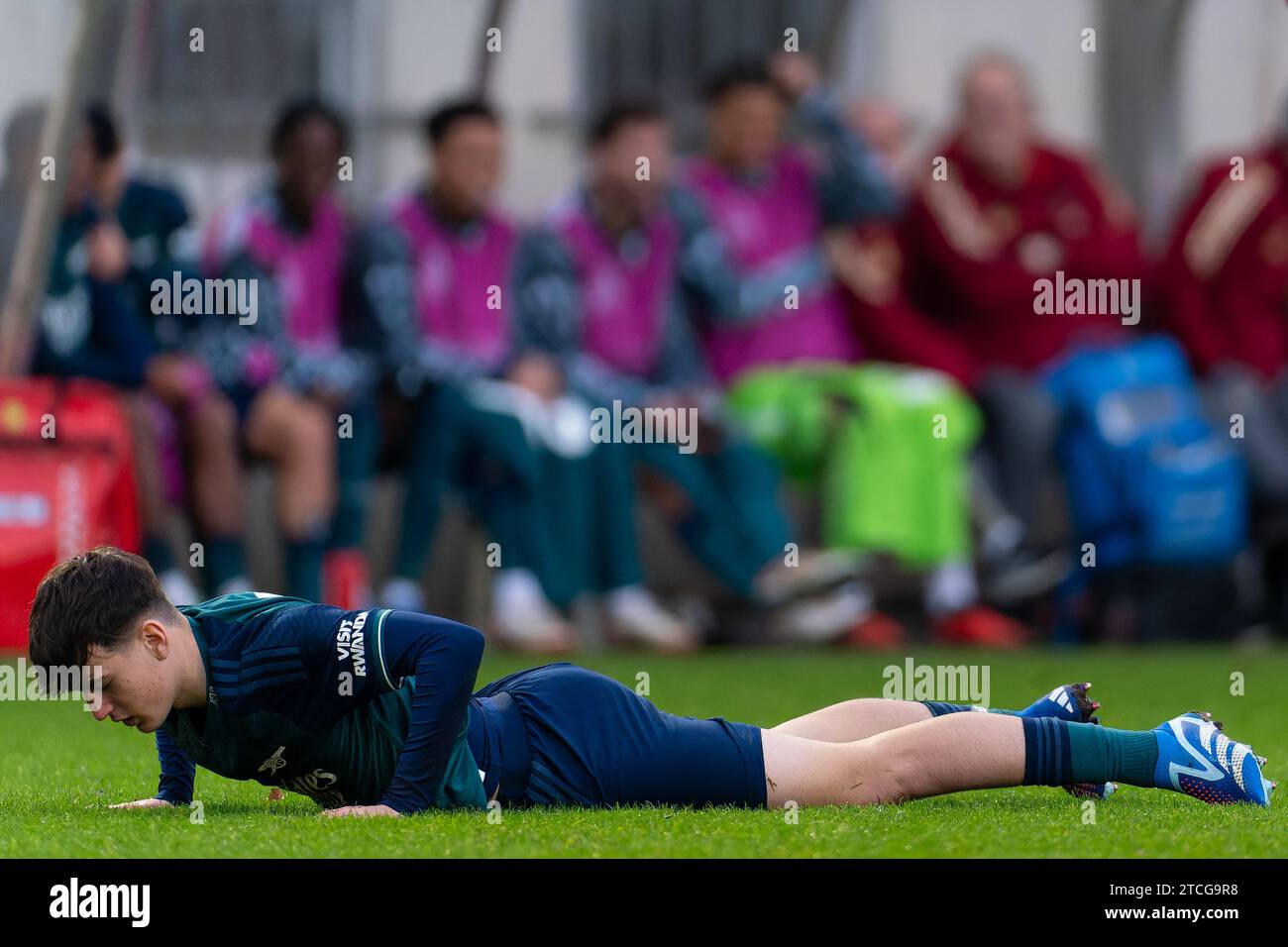 Eindhoven, Paesi Bassi. 12 dicembre 2023. EINDHOVEN, PAESI BASSI - 12 DICEMBRE: Louie Copley dell'Arsenal FC durante la partita del gruppo B - UEFA Youth League 2023/24 tra PSV e Arsenal FC al PSV Campus de Herdgang il 12 dicembre 2023 a Eindhoven, Paesi Bassi. (Foto di Joris Verwijst/Agenzia BSR) credito: Agenzia BSR/Alamy Live News Foto Stock