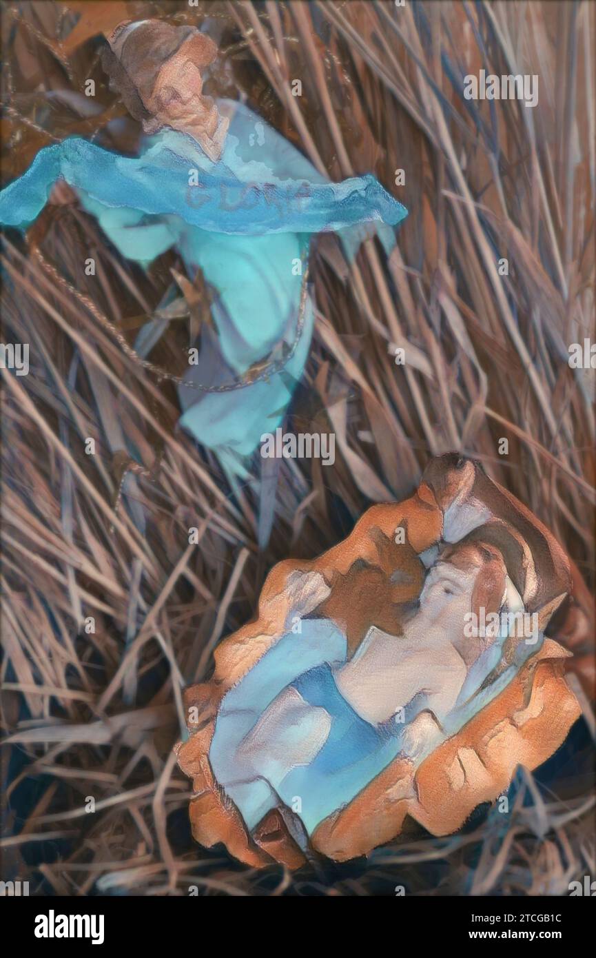 Gloria banner angelo con Gesù bambino in una mangiatoia è astratto usando il filtro neurale. Stelle d'oro e paglia circondano i personaggi in gesso di carta d'epoca. Foto Stock