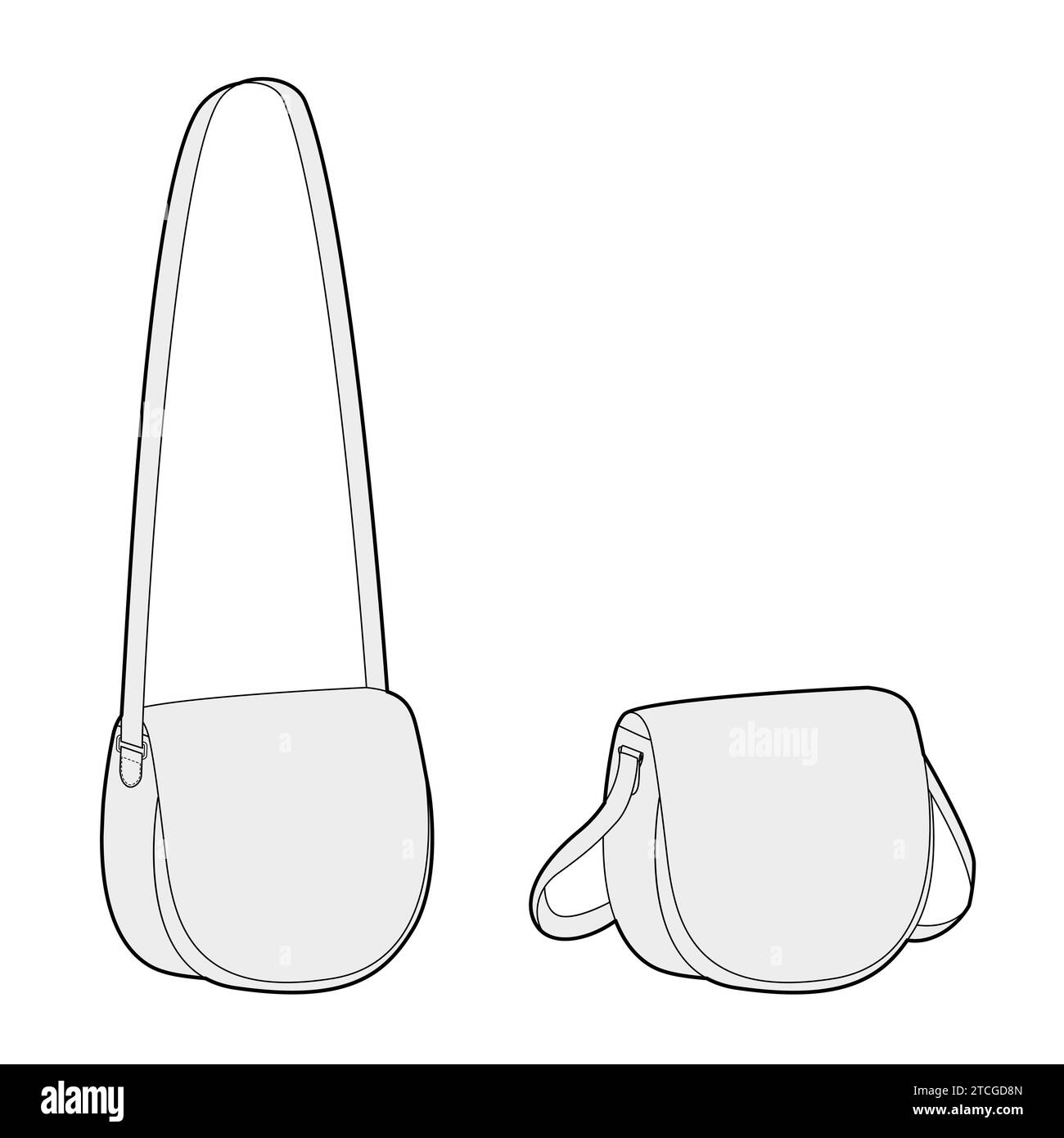 Borsa a tracolla a sella con linee curve. Illustrazione tecnica degli accessori moda. Borsa a mano vettoriale frontale vista a 3-4° per uomo, donna, borsa piatta unisex con disegno CAD isolato Illustrazione Vettoriale