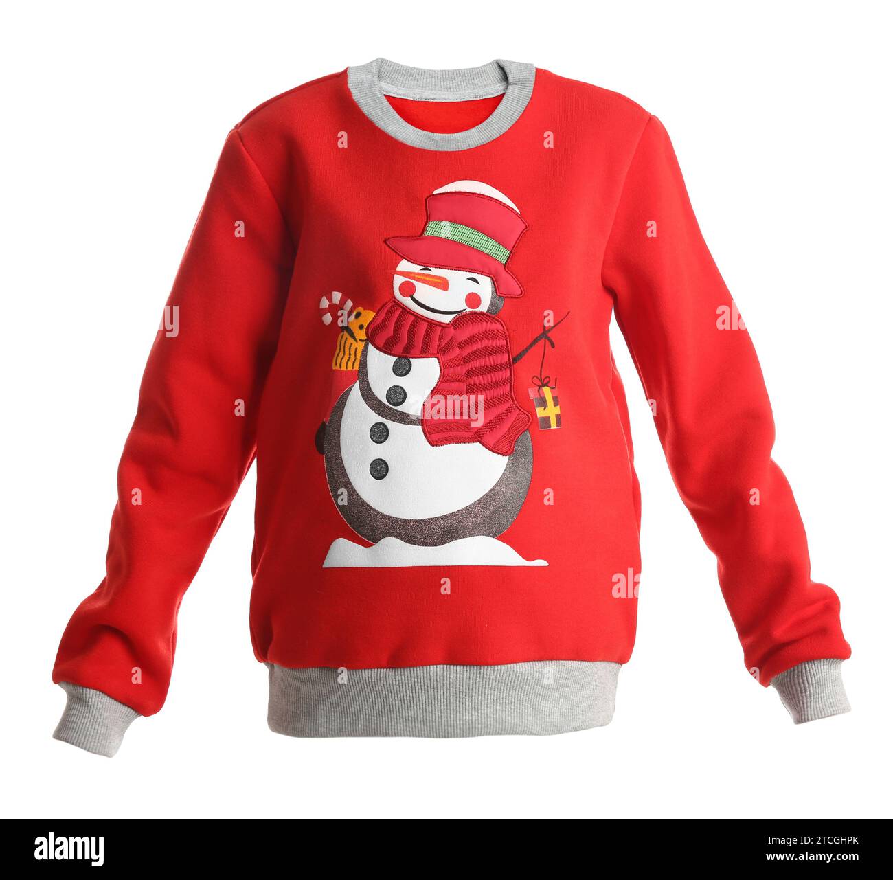 Maglione natalizio con pupazzo di neve isolato su bianco Foto Stock