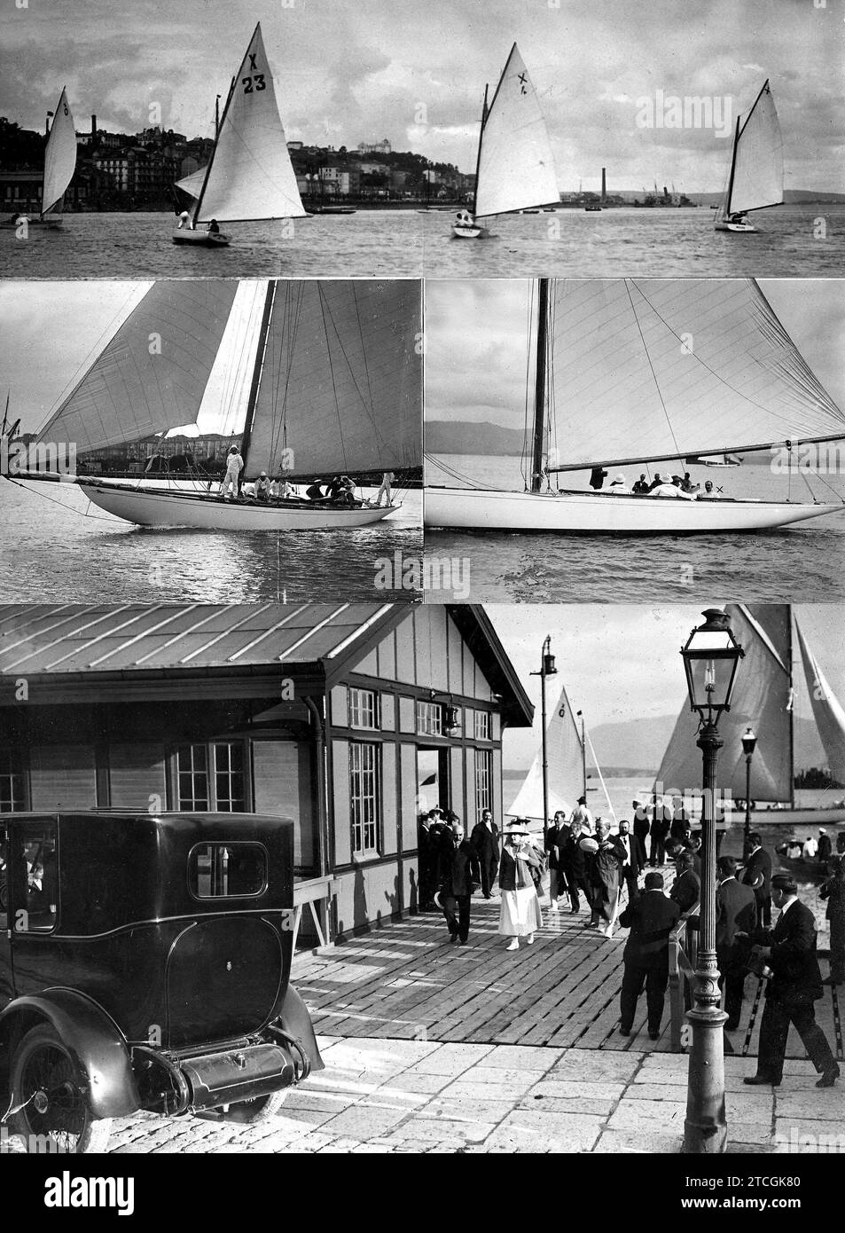 07/31/1917. Sloop Regattas a Santander - 1. Partenza delle piste della serie Six-Meter 2. The Sloop 'HO' con lo skippered di HM The Queen 3. Il Sig. Alfonso XIII (X) presso l'Helm of the Sloop 'KO'. 4) la Regina (X) sbarco dopo le Regate. (Foto Alba). Crediti: Album / Archivo ABC / Ramón Alba Foto Stock