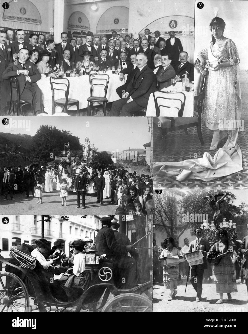 07/31/1918. Miscellany grafico delle notizie. L'ambasciatore tedesco, principe di Ratibor (X), con le sue figlie e la Colonia tedesca a Santander, durante il banchetto d'addio con il quale li ha presentati. Miss Incarnation Pastor, Regina dei giochi floreali di Aspe (Alicante). 3.-processione della Vergine della Misericordia a Escoriaza (Guipúcoa). 4.-l'ex ministro francese M. Malvy e la sua famiglia a San Sebastian. 5.-processione del Santo Cristo della salute nelle feste celebrate a Las Navas del Marqués. Foto: Torres, Gullon. Crediti: Album / Archivo ABC / Martín,Samot,Indalecio Ojanguren Foto Stock