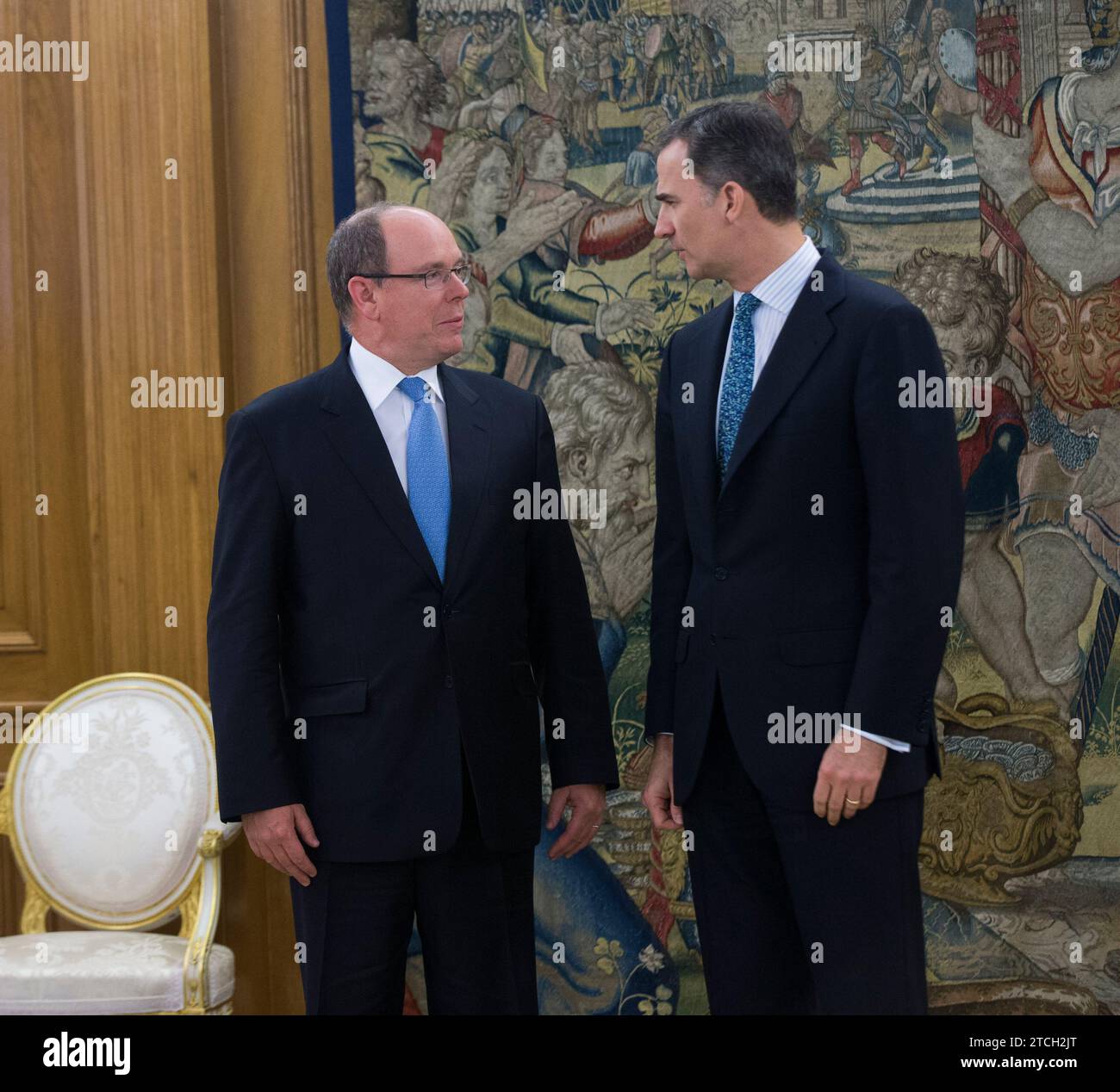 Madrid, 22/04/2016. Visita del principe Alberto II di Monaco al re Felipe vi, al Palazzo Zarzuela. Foto: Ángel de Antonio Archdc. Crediti: Album / Archivo ABC / Ángel de Antonio Foto Stock