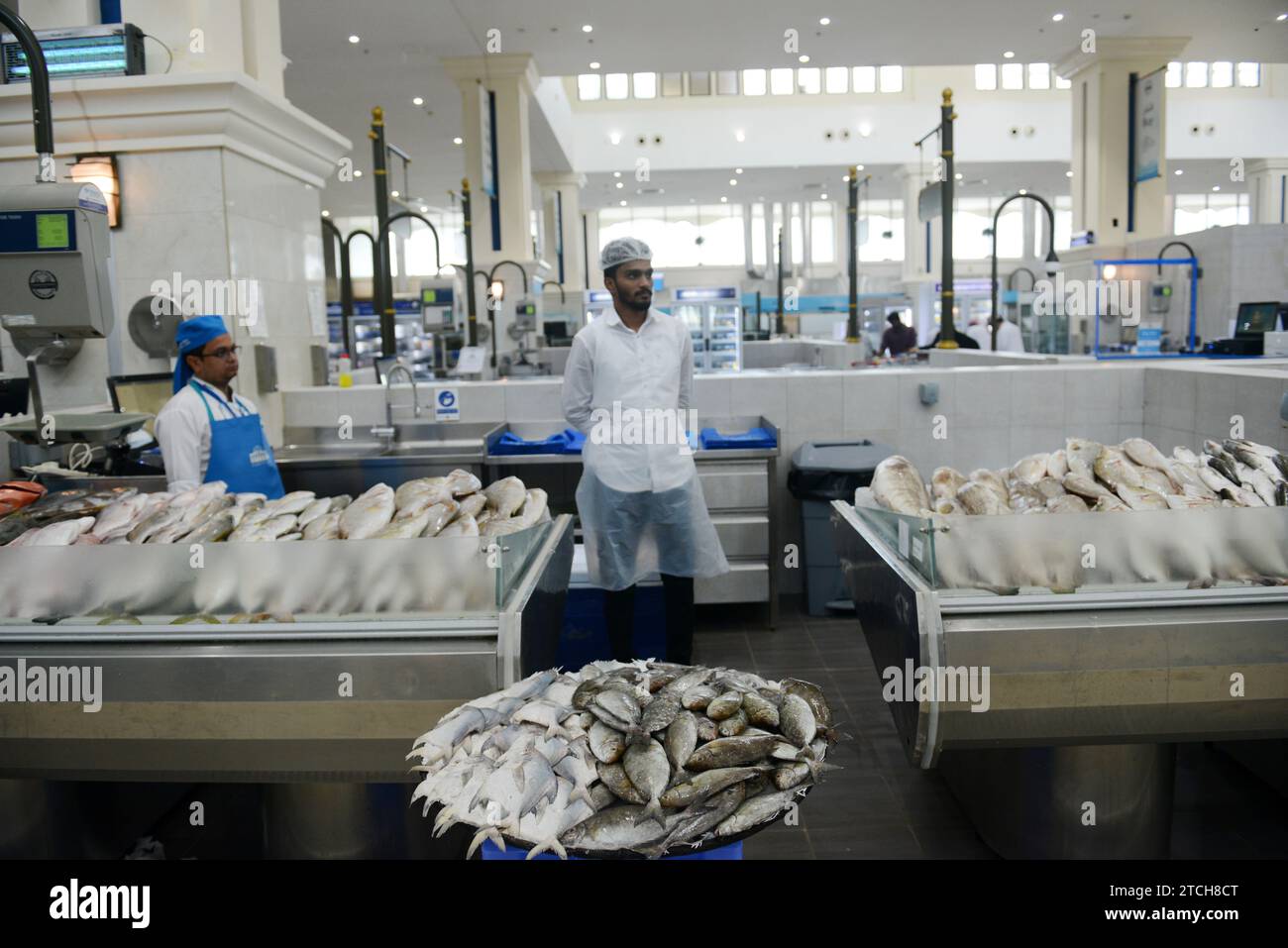 Il pesce fresco esposto da un venditore al Souq al Jubail è un grande mercato di pesce fresco e frutti di mare e frutta e verdura a Sharjah, Emirati Arabi Uniti. Foto Stock