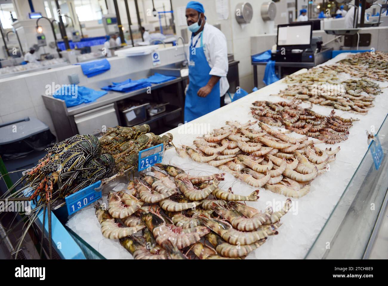 Il pesce fresco esposto da un venditore al Souq al Jubail è un grande mercato di pesce fresco e frutti di mare e frutta e verdura a Sharjah, Emirati Arabi Uniti. Foto Stock