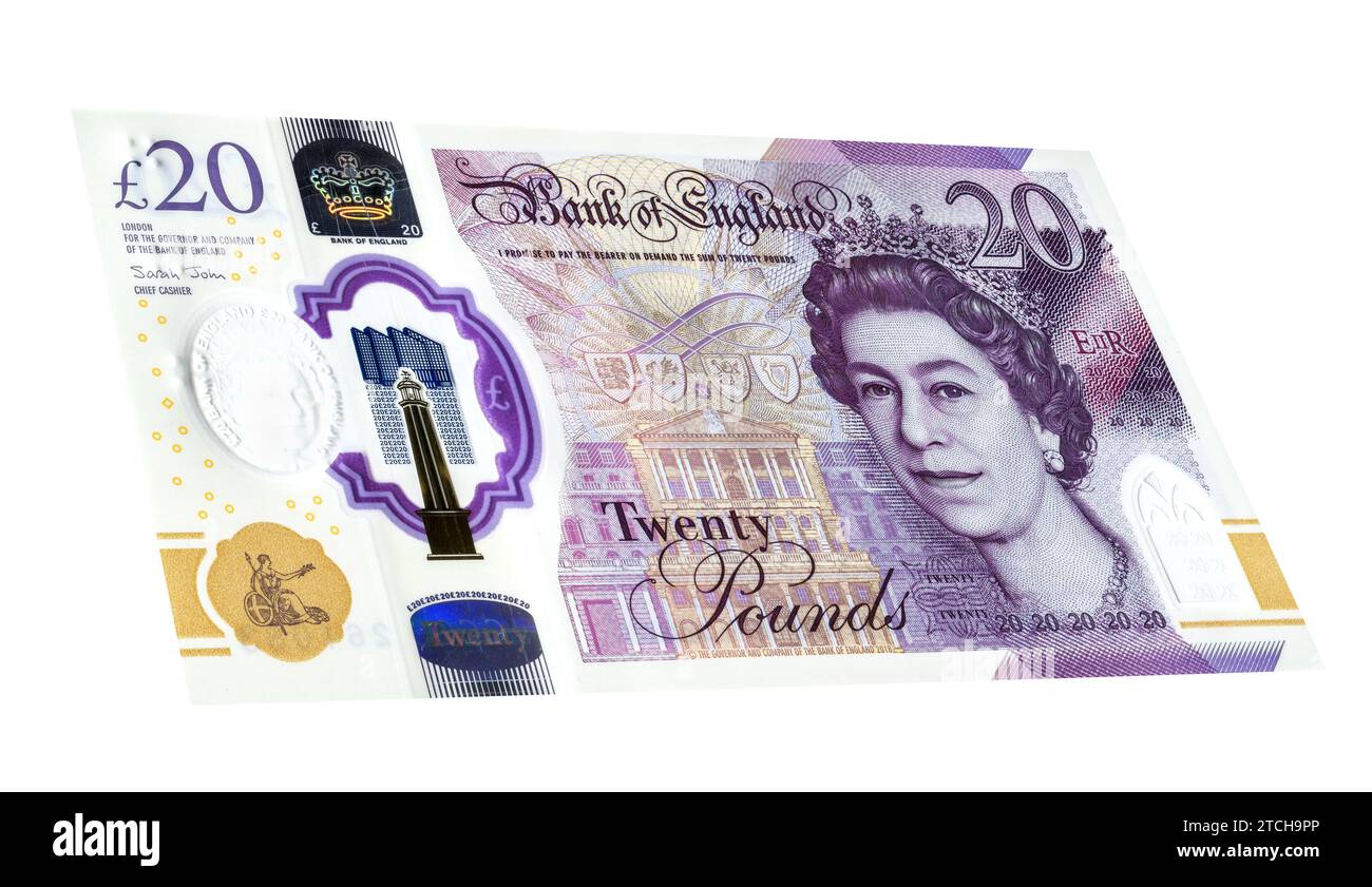 Vista angolare di 20 sterline britanniche con la regina Elisabetta II su sfondo bianco Foto Stock