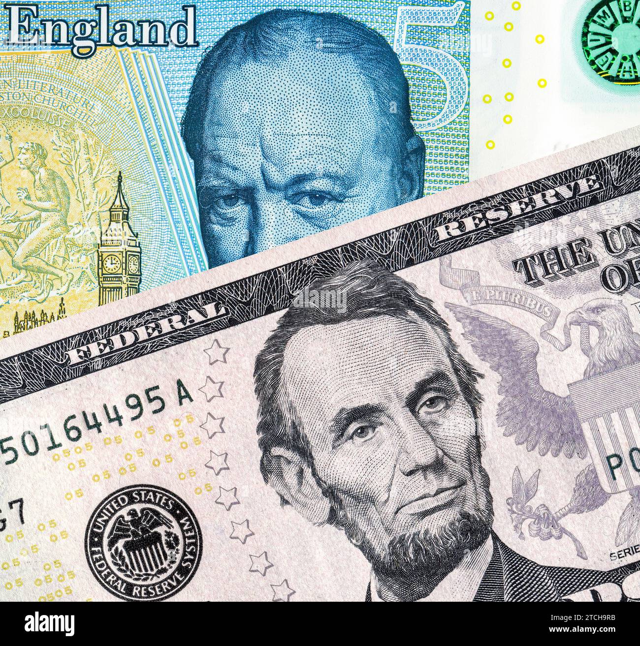 Banconota in dollari americani e banconota in sterline britanniche. Concetto di business del tasso di cambio, borsa valori, negoziazione Foto Stock