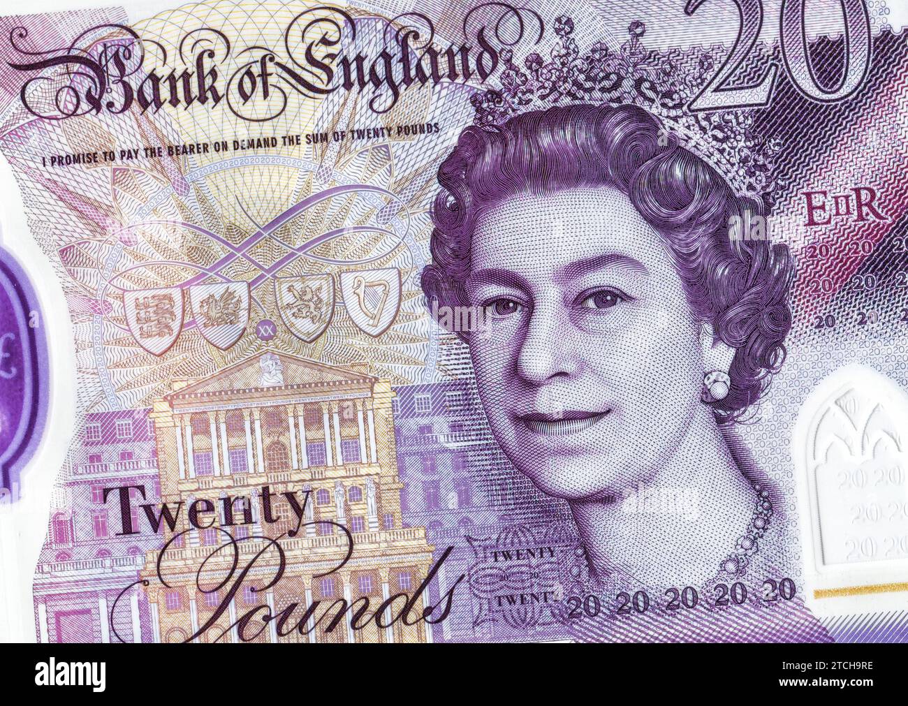 Parte di 20 sterline inglesi con la regina Elisabetta II, primo piano Foto Stock