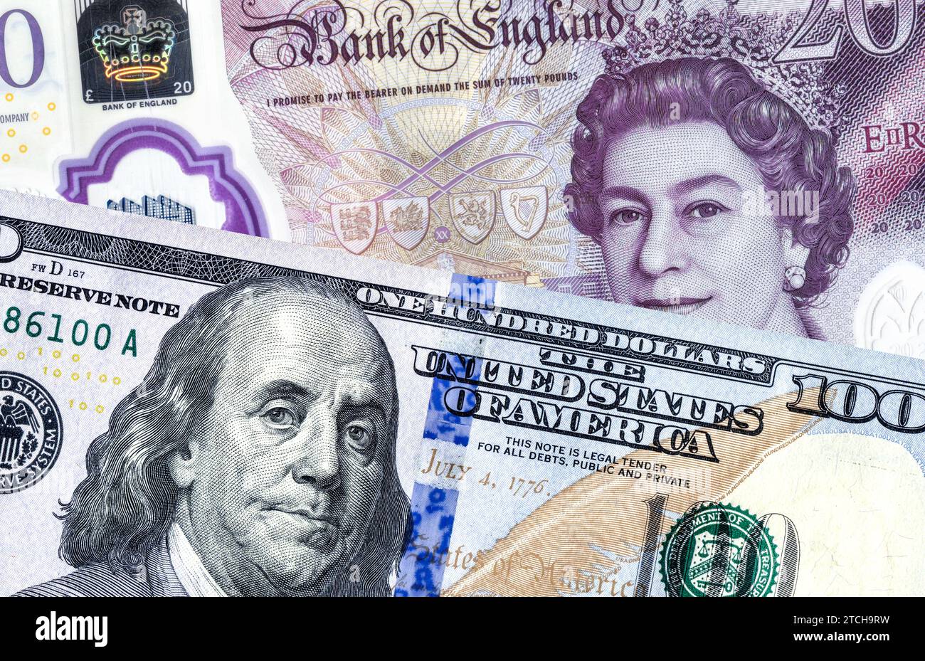 Banconota in dollari americani e banconota in sterline britanniche. Concetto di business del tasso di cambio, borsa valori, negoziazione Foto Stock