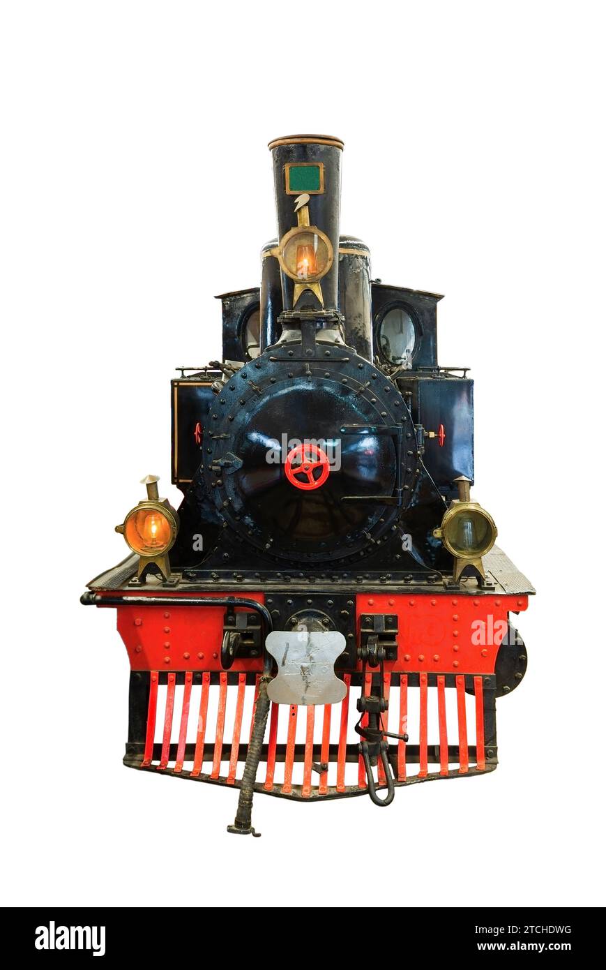vecchia locomotiva a vapore isolata su sfondo bianco Foto Stock