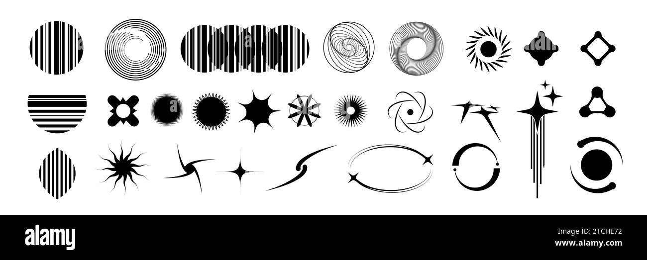 Icone nere retro-futuristiche isolate su sfondo bianco. Illustrazione vettoriale di stella, cerchio, flash, simboli di forma di fiori, elementi di design astratti per poster a onda retrò y2k, banner vintage, Illustrazione Vettoriale