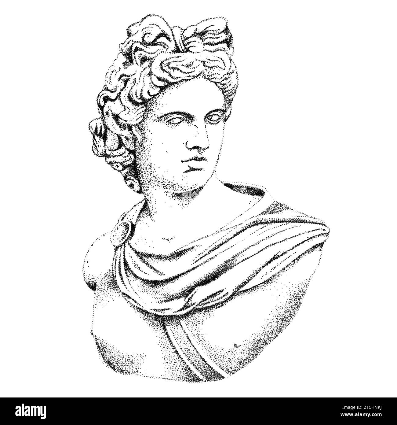 Busto dell'antico dio greco e romano Apollo. Illustrazione vettoriale punteggiata su sfondo bianco. Illustrazione Vettoriale