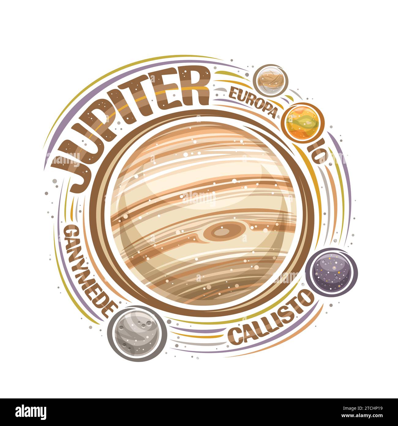 Logo vettoriale per Giove, stampa cosmica decorativa con pianeta rotante giove e lune, superficie gassosa con grande macchia rossa, badge cosmo con brus unico Illustrazione Vettoriale