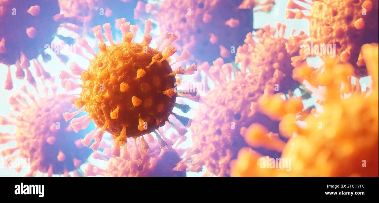 Immagine 3D di tre informazioni generali sui concetti di influenza Coronavirus Covid-19. Concetto con la cellula patologica come rendering 3D. Foto Stock