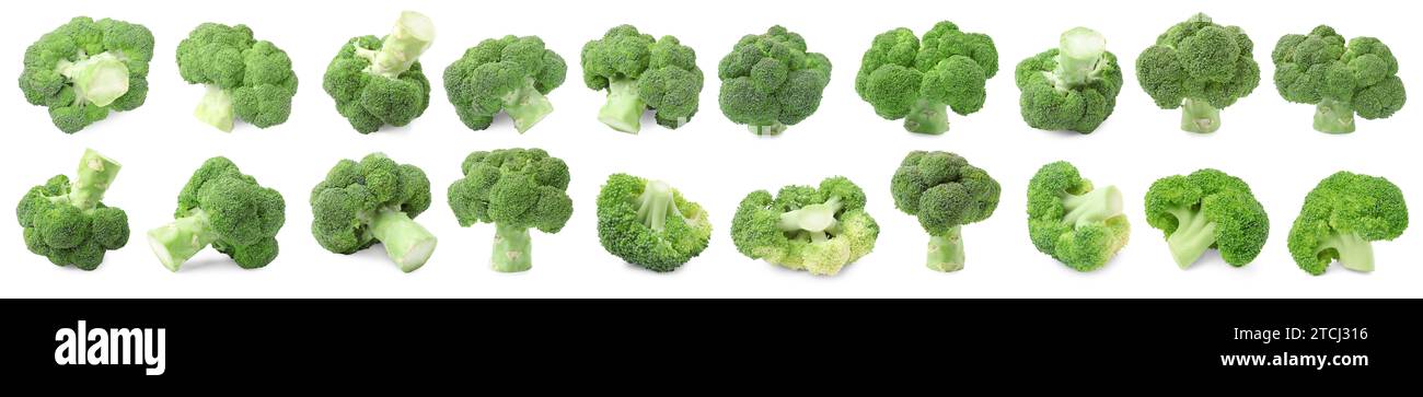 Broccoli verdi freschi isolati su bianco, set Foto Stock