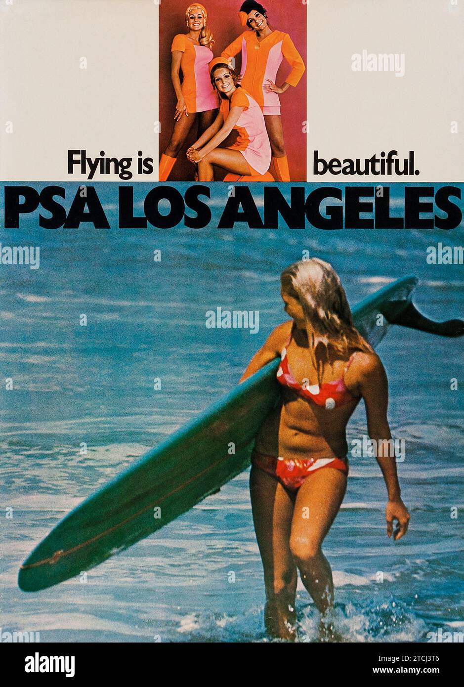 Poster di viaggio americano d'epoca - poster della compagnia aerea Pacific Southwest (PSA, anni '1970). Poster della compagnia aerea - donna in surf - steward degli anni '1970 Foto Stock