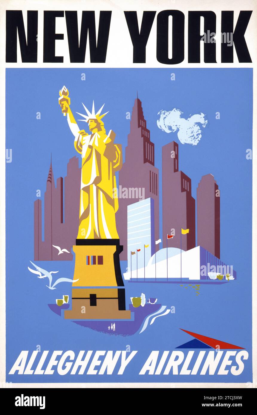 Poster di viaggio americano d'epoca - New York - poster di viaggio per Allegheny Airlines che mostra la Statua della libertà e lo skyline di New York City, con l'Empire State Building e il Chrysler Building - anni '1950 Foto Stock