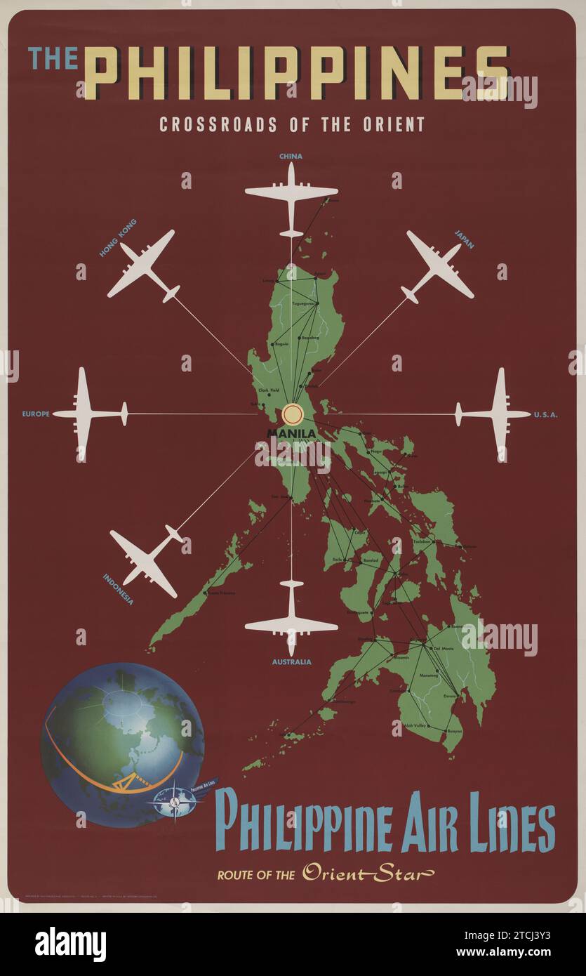 Poster di viaggio americano d'epoca - Filippine, crocevia delle Orient Philippine Air Lines, rotta dell'Orient Star - Walther-Boland Associates. anni '1950 Foto Stock