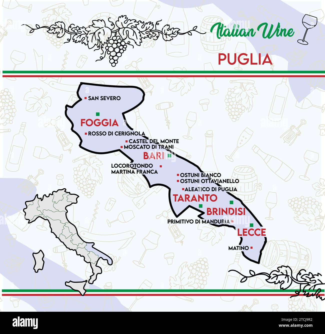 Carta dei vini tipici della Puglia, Italia. illustrazione vettoriale Illustrazione Vettoriale