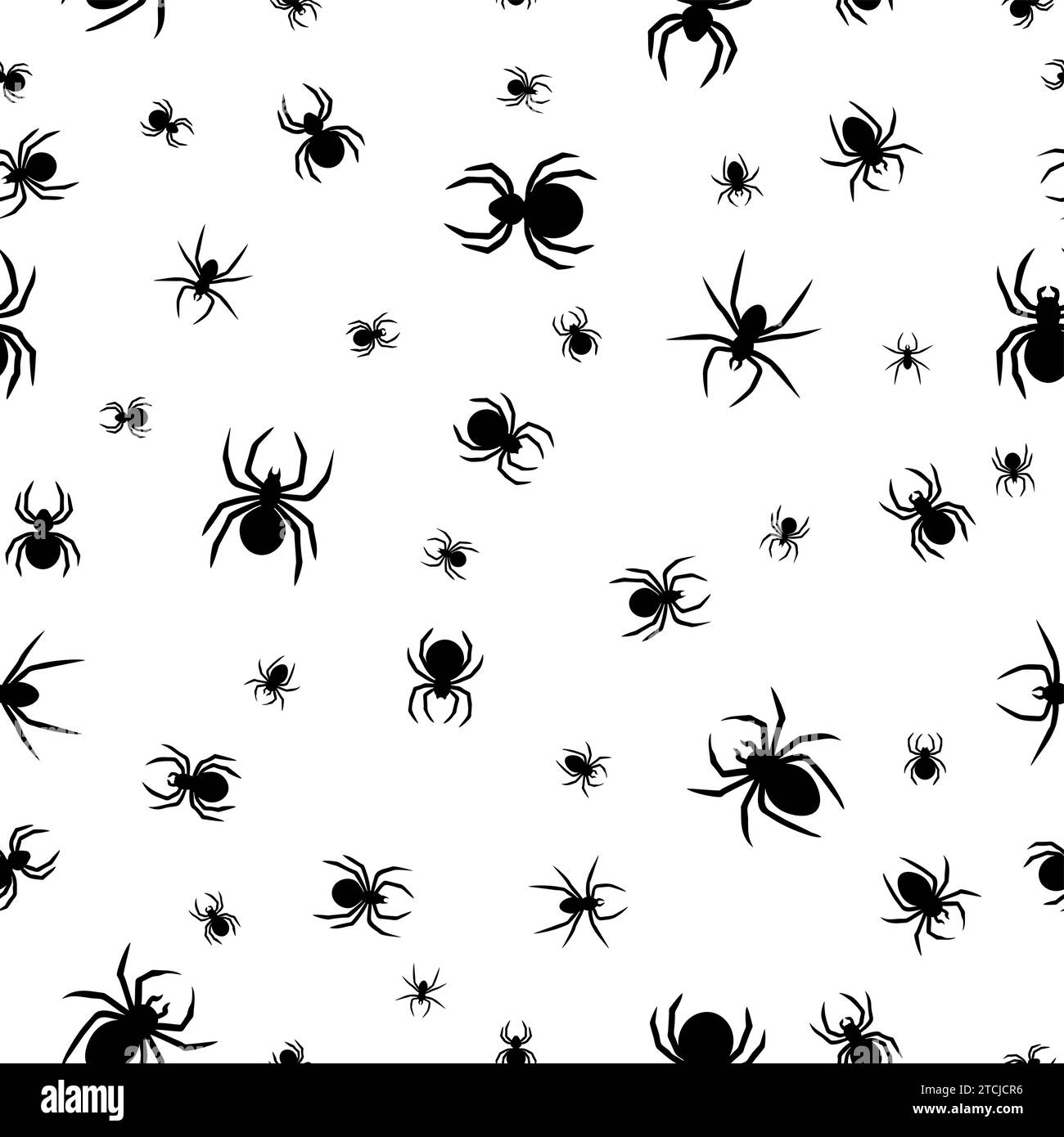 Motivo a ragno senza cuciture su sfondo bianco. Grazioso motivo a ragno. Design per stampa, carta, imballaggio. Halloween Pattern. Illustrazione Vettoriale