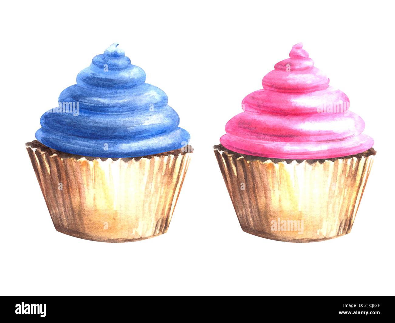 Set di cupcake ad acquerello con crema rosa e blu. Illustrazione ad acquerello di cibi deliziosi disegnati a mano. Clipart per la festa di compleanno, biglietto per la doccia per bambini, Foto Stock