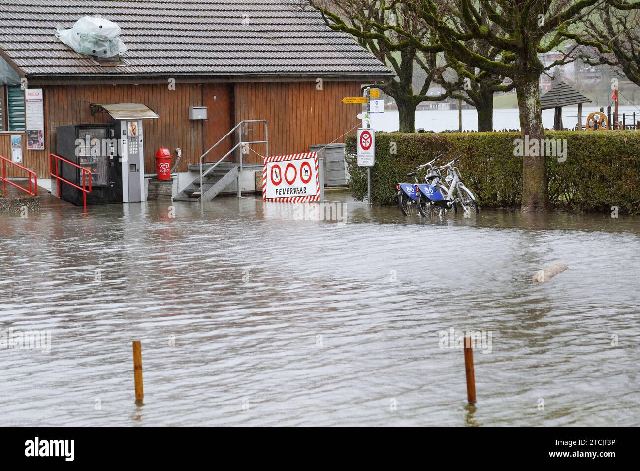 Foto Manuel Geisser 13.12.2023 Sarnen Schweiz .. Bild : Hochwasser-Alarm am Sarnersee OW *** foto Manuel Geisser 13 12 2023 Sarnen Svizzera Picture allunga al lago Sarnen OW Foto Stock