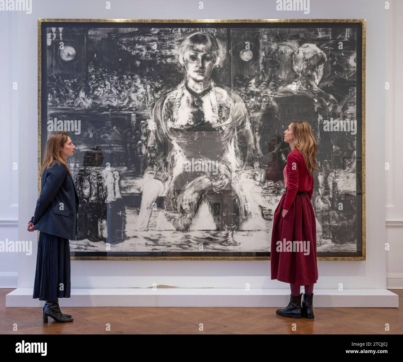 Londra, Regno Unito. 13 dicembre 2023. La mostra Portraits on Paper al Thaddaeus Ropac include un enorme disegno a carbone di Robert Longo intitolato X Ray of A Bar at the Folies-Bergere, 1882, After Manet (2017). Crediti: Malcolm Park/Alamy Live News Foto Stock