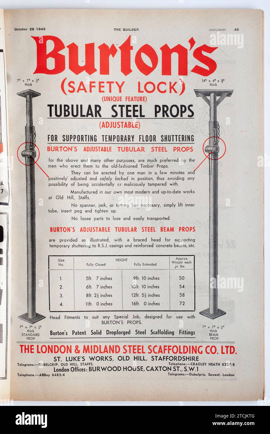 Pubblicità da una copia di 1940s The Builder Magazine; Burtons Safety Lock ; Tubular Steel Props ; Foto Stock