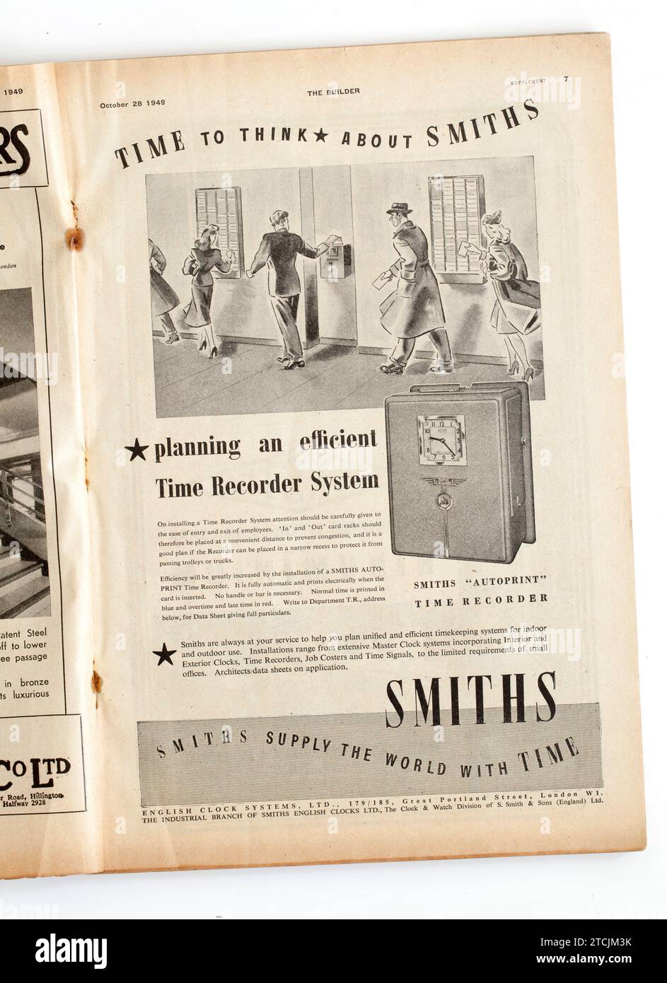 Pubblicità da una copia di 1940s The Builder Magazine - macchina registratore tempo Factory Worker Foto Stock