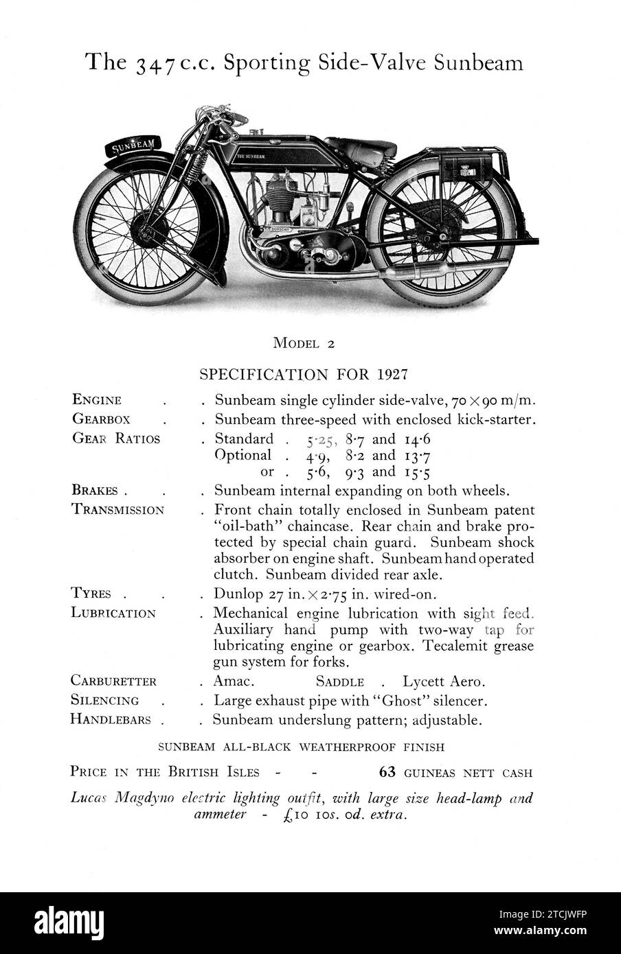 Pagina di una brochure pubblicitaria Sunbeam Motorbike del 1927 che mostra le nuove moto in vendita Foto Stock