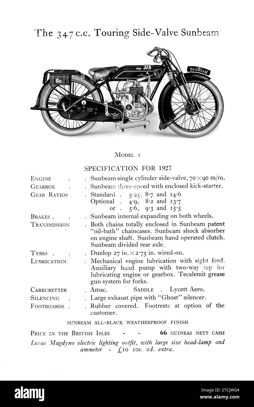 Pagina di una brochure pubblicitaria Sunbeam Motorbike del 1927 che mostra le nuove moto in vendita Foto Stock