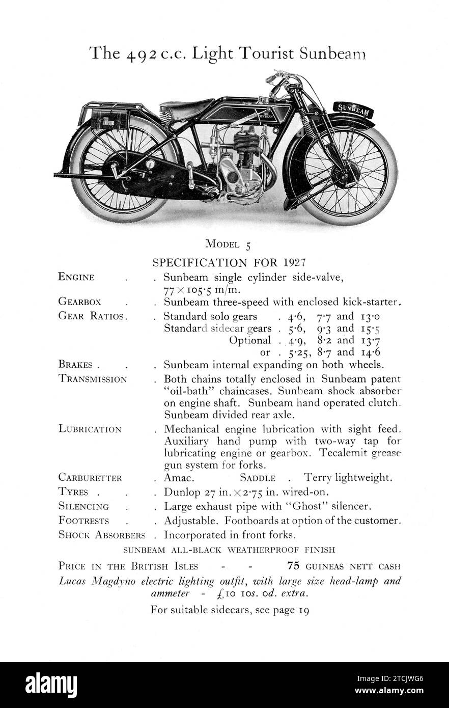 Pagina di una brochure pubblicitaria Sunbeam Motorbike del 1927 che mostra le nuove moto in vendita Foto Stock
