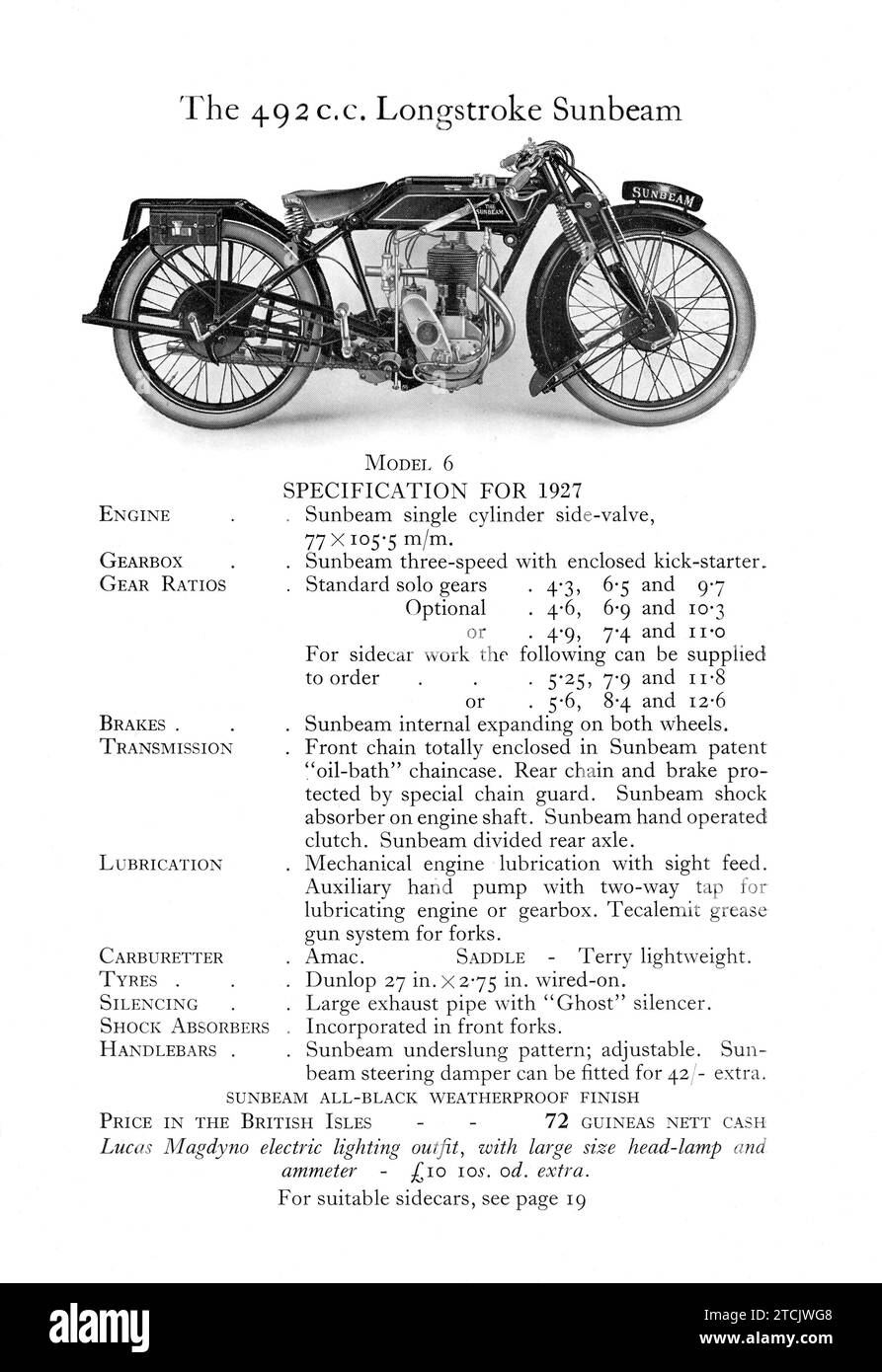 Pagina di una brochure pubblicitaria Sunbeam Motorbike del 1927 che mostra le nuove moto in vendita Foto Stock