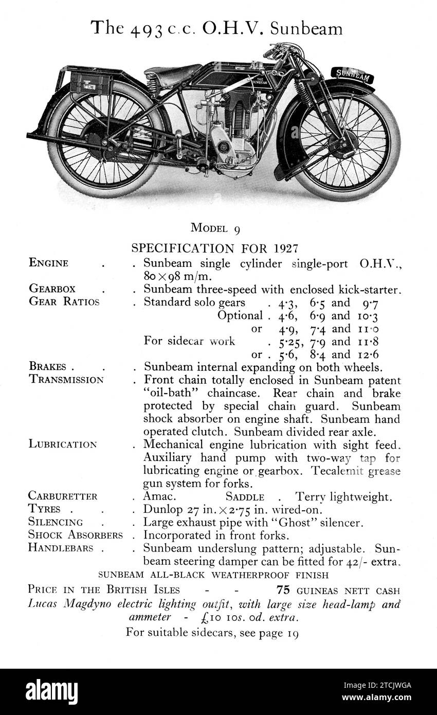 Pagina di una brochure pubblicitaria Sunbeam Motorbike del 1927 che mostra le nuove moto in vendita Foto Stock