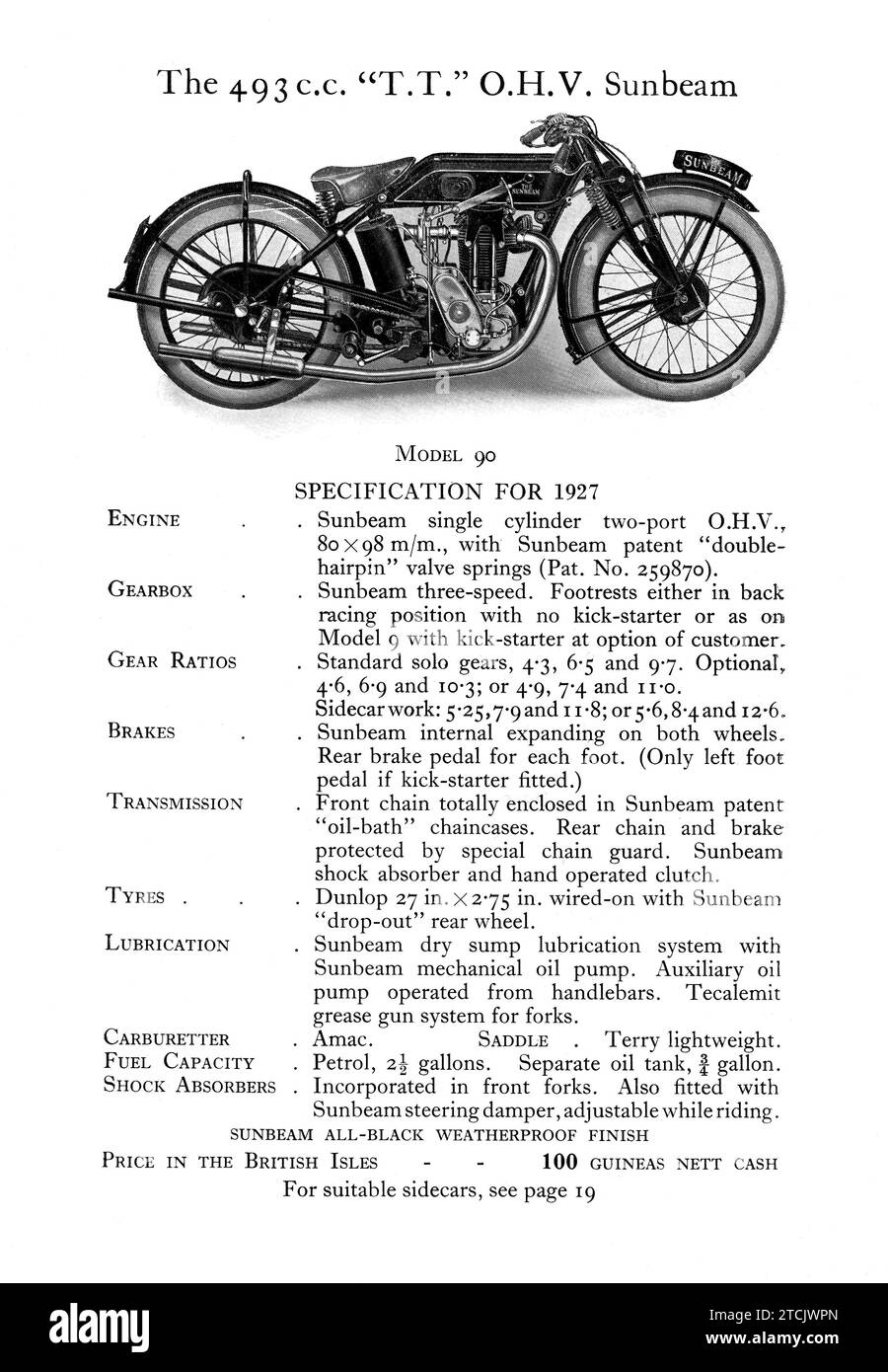 Pagina di una brochure pubblicitaria Sunbeam Motorbike del 1927 che mostra le nuove moto in vendita Foto Stock