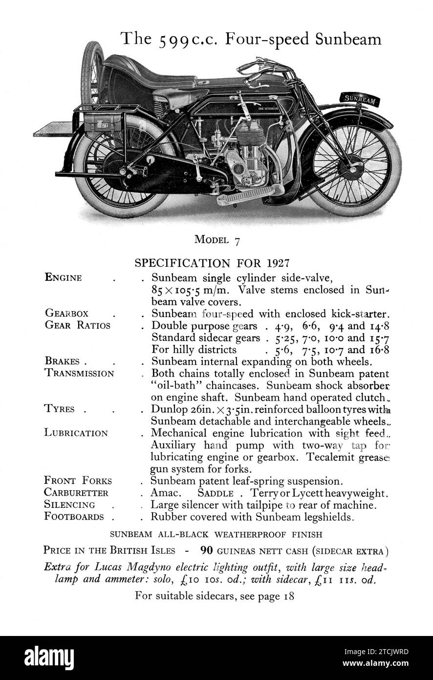 Pagina di una brochure pubblicitaria Sunbeam Motorbike del 1927 che mostra le nuove moto in vendita Foto Stock