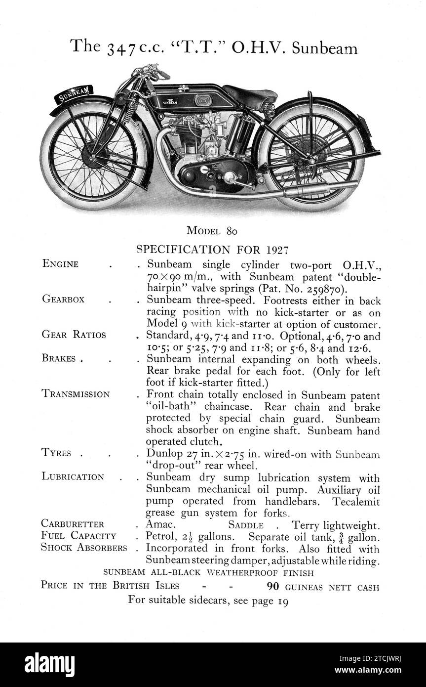 Pagina di una brochure pubblicitaria Sunbeam Motorbike del 1927 che mostra le nuove moto in vendita Foto Stock